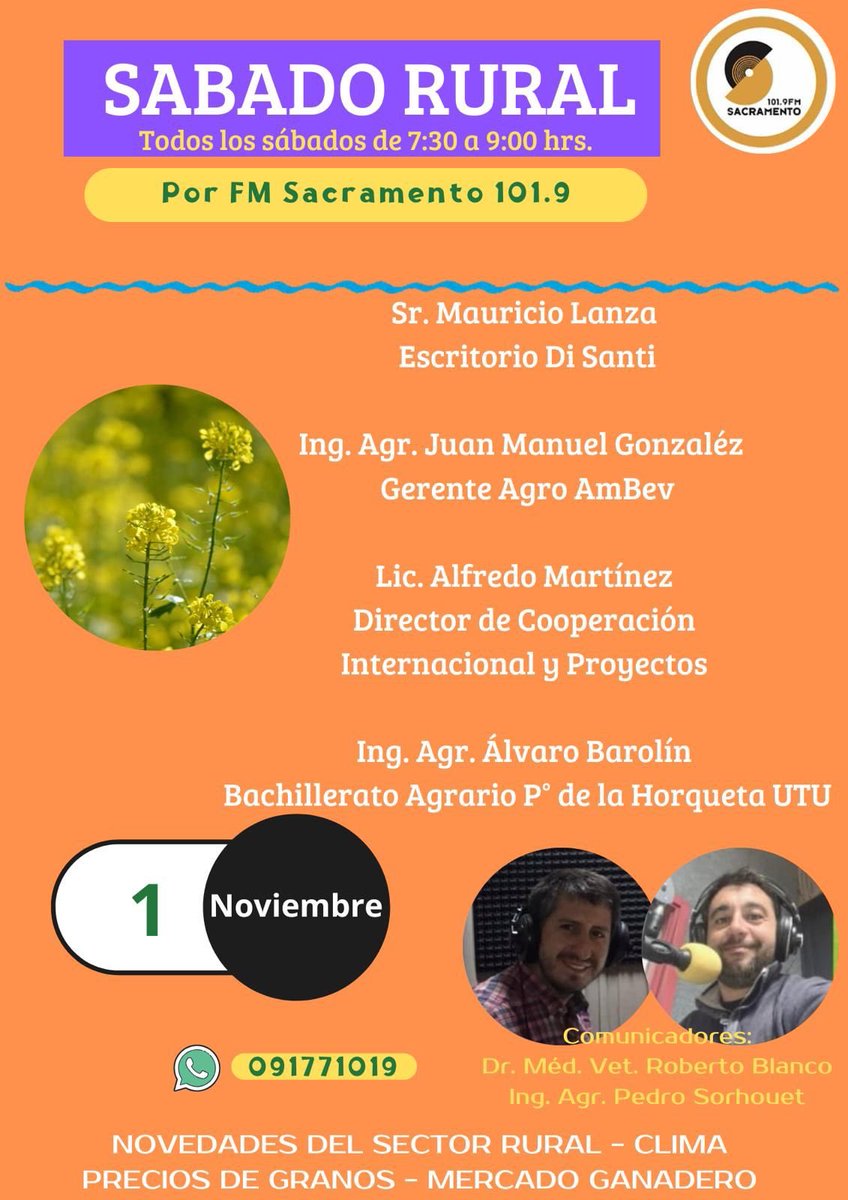 Mañana sábado 1/11 otro #SabadoRural en el aire de #SacramentoFM 101.5 FM 

Desde las 7:30 a 9:00 hs

Podes escucharnos en Sacramento FM en el 101.9 o a través de: ro.com.uy/sacramento-fm-… o radios.com.uy/sacramento-col…
