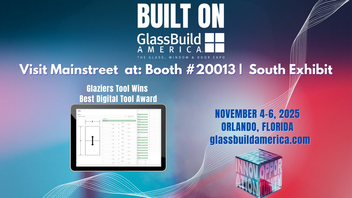 MainstreetComp1's tweet photo. Glaziers Tool Wins Best Digital Tool Award!

Built by a glazier. Backed by Mainstreet™.
Transforming how flat glass pros measure, estimate &amp; schedule — all in one app.

GlassBuild America 2025 | Booth #20013 | Dallas, TX | Nov 5–7

https://t.co/PEZ9IrsYNv

#GlassBuildAmerica https://t.co/GynoeV0BE3