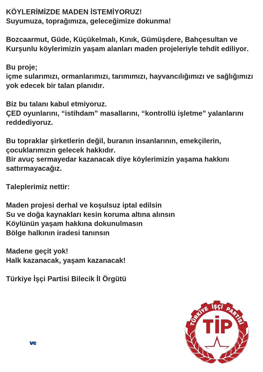 BOZCAARMUT'TA TALANA HAYIR!

Bir avuç sermayedar kazanacak diye köylerimizin yaşama hakkını sattırmayacağız.

Maden projesi derhal  iptal edilsin
Su ve doğa kaynakları kesin koruma altına alınsın
Köylünün yaşam hakkına dokunulmasın
Bölge halkının iradesi tanınsın!
<a href="/TipEkoloji/">TİP Ekoloji</a>