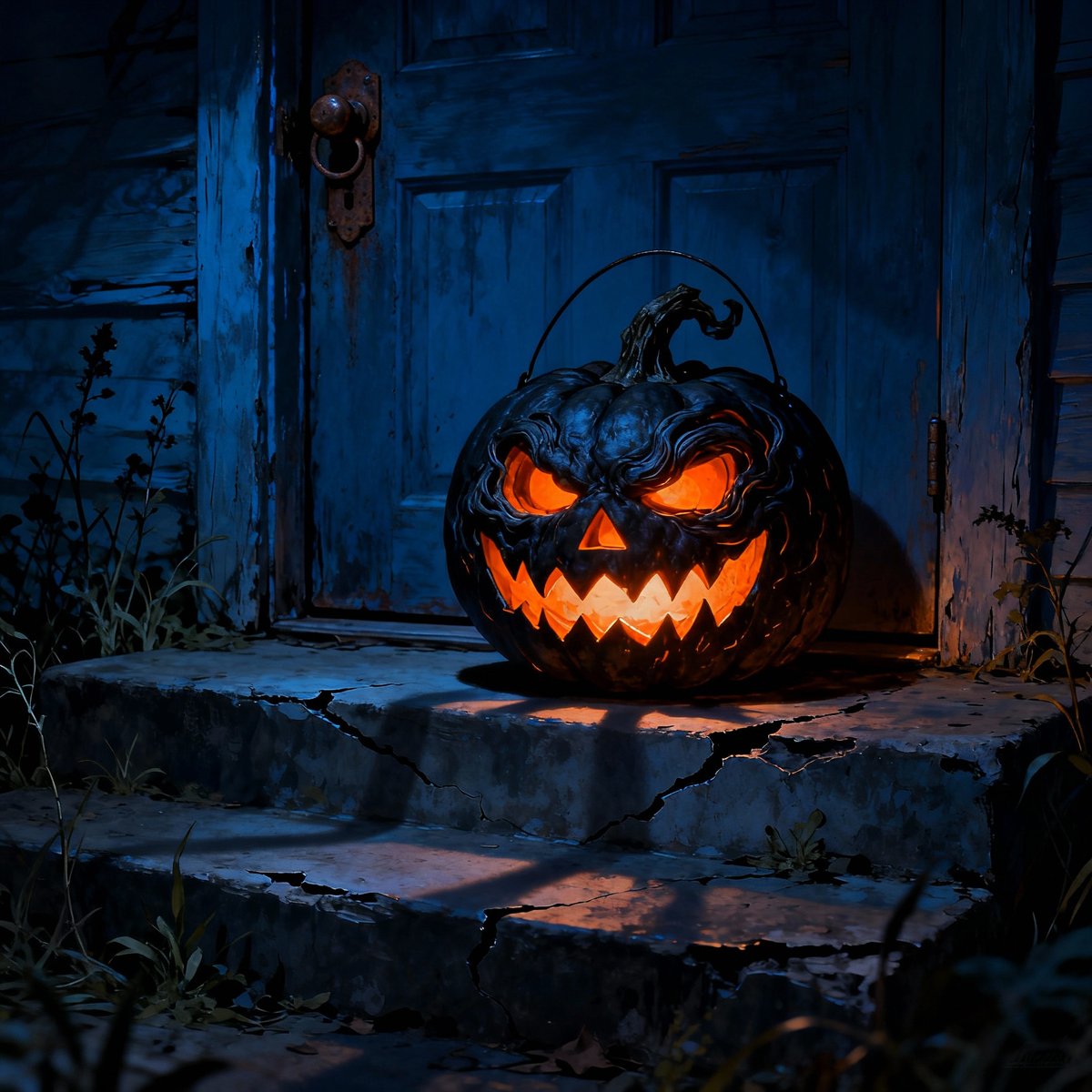 GoJoeAI's tweet photo. Happy Halloween 🎃

Made with a super simple prompt in Seedream 4.0: A scary Jack O’ Lantern glowing on a scary doorstep at night. https://t.co/nyeWnDqLCn
