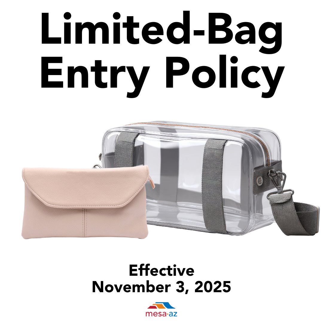 CITYOFMESA's tweet image. Effective Nov 3, 2025, City Hall will use a limited-bag policy during public meetings: clear bag ≤12″×6″×12″ OR small bag/clutch ≤8.5″×5.5″. Larger non-clear bags not admitted. Medical/infant items allowed upon visual check. Info: my.mesaaz.gov/3X4R53e