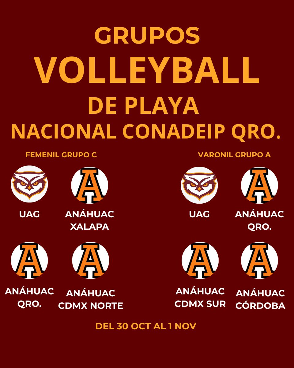 UAG_Deportes's tweet photo. 🏐🔥 Grupos listos para el Nacional CONADEIP 2025
🦉 ¡Vamos con todo, Tecos!
#JuegaEstudiaVuelaAlto #OrgulloUAG #DeportesUAG https://t.co/l0nzFclMQ2