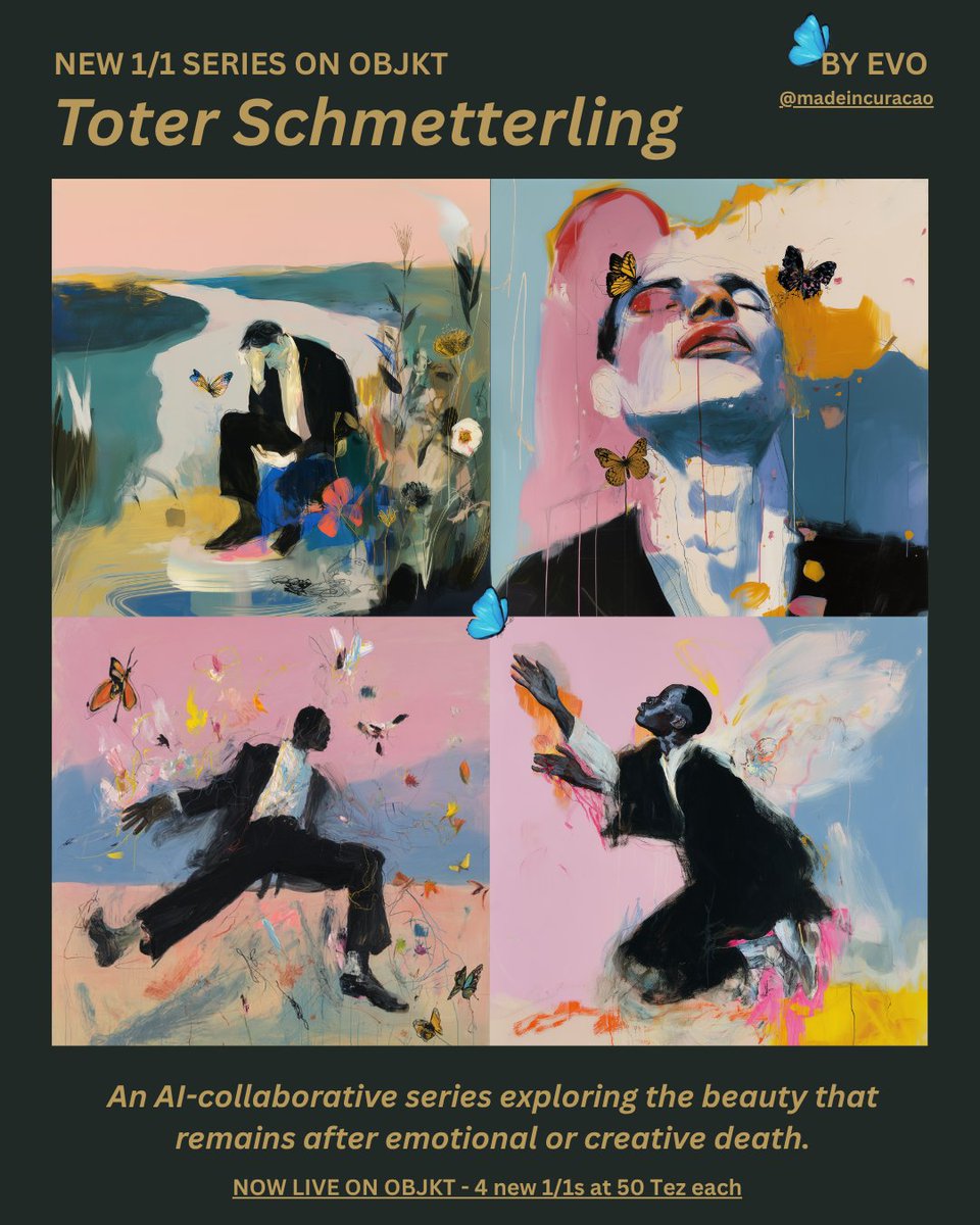 Toter Schmetterling — four new 1/1s now LIVE on OBJKT.

Fear. Rage. Love. Blood.

What remains after emotional or creative death.

A quiet nod to Rosalía. 🦋

Links to collect are below ⬇️