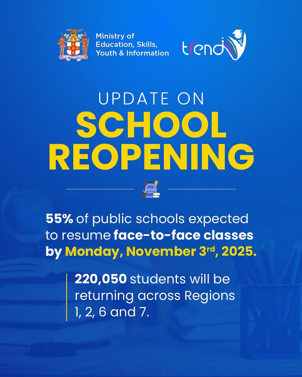 MOEYJamaica's tweet photo. School Reopening Update 

Students will resume face-to-face classes by Nov 3 across Kingston, St. Andrew, Portland, St. Thomas, St. Mary, St. Catherine and Clarendon.

While recovery efforts continue, hybrid &amp; remote learning will support schools not yet ready. https://t.co/R4C0iNg0yg