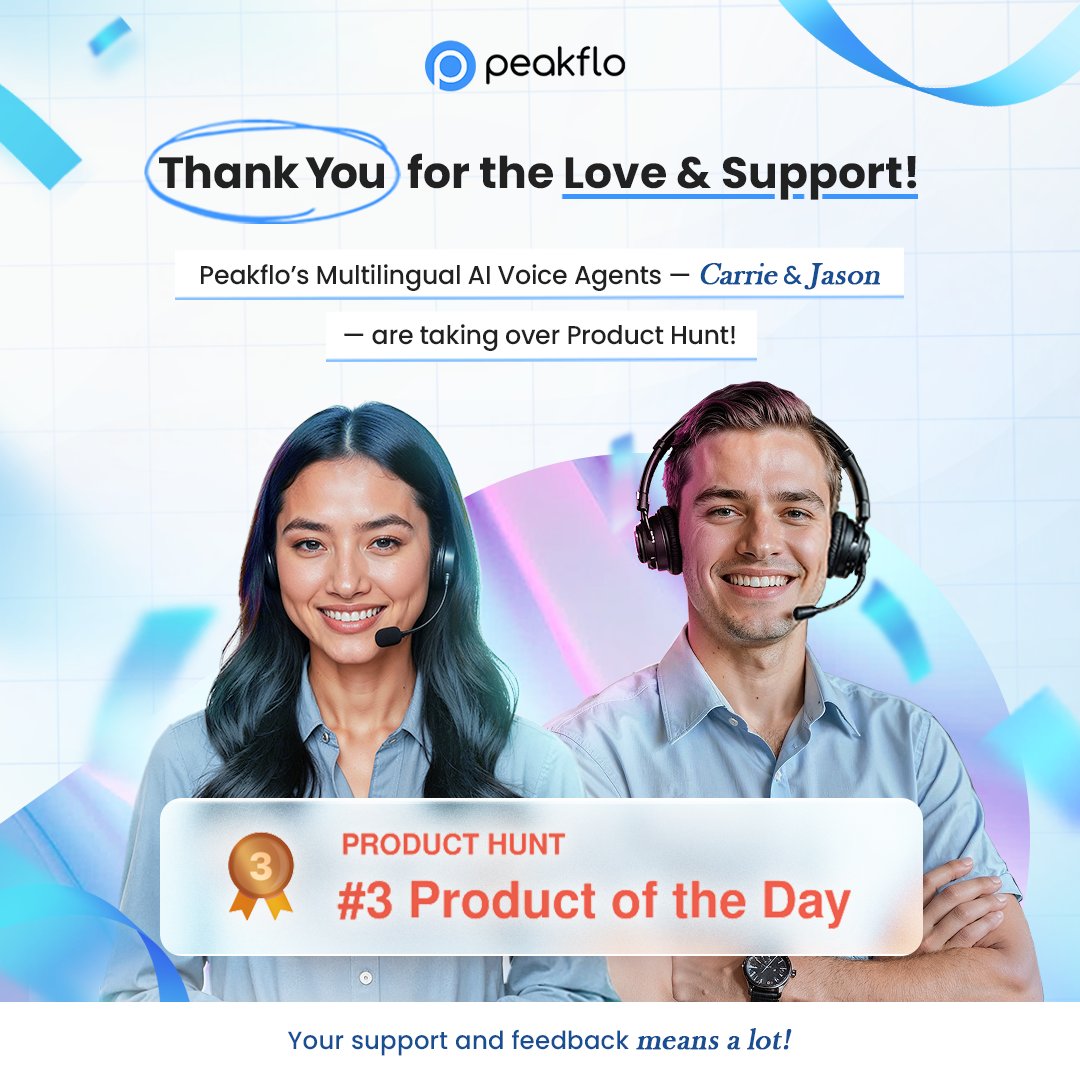 We did it, #3 Product of the Day on Product Hunt! 🚀

A huge THANK YOU to everyone who supported us and shared your feedback. ❤️ Your support keeps us motivated to keep innovating and building the future of AI-powered business communication. 💪

#ProductHunt #VoiceAI #AI