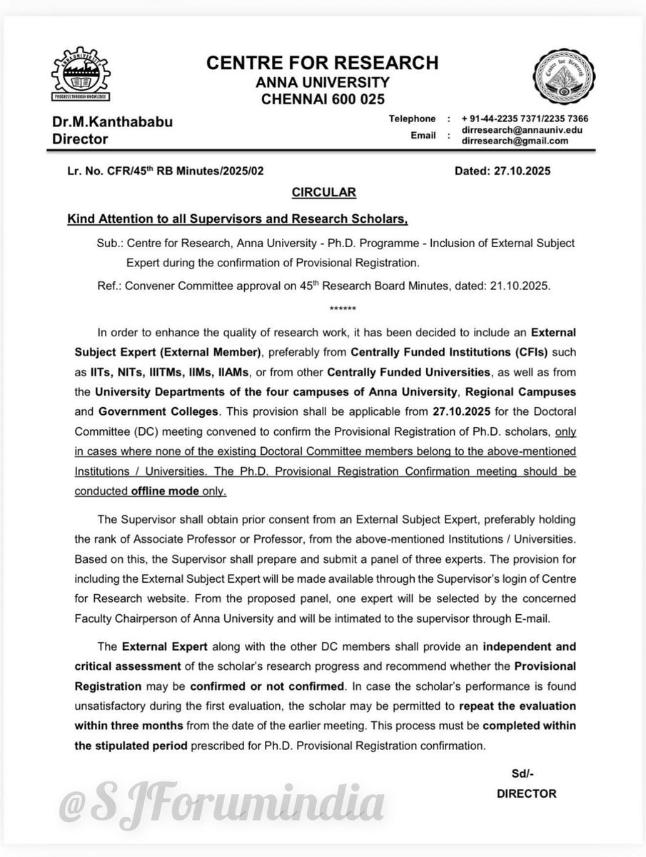 " குழி தோண்டி புதைக்க பார்க்கிறதா அண்ணா பல்கலைக்கழகம்? "

அண்ணா பல்கலைக்கழகம் வெளியிட்ட புதிய அறிவிப்பு — “பிஎச்.டி. மாணவர்கள் அவர்களுடைய confirmation/DC meeting வைக்கும்போது, வெளிப்புறத் தேர்வாளராக ஐஐடி அல்லது NIT பேராசிரியர்கள் இருக்க வேண்டும்” — என்று சொல்லி, நியாயம் பேசும்