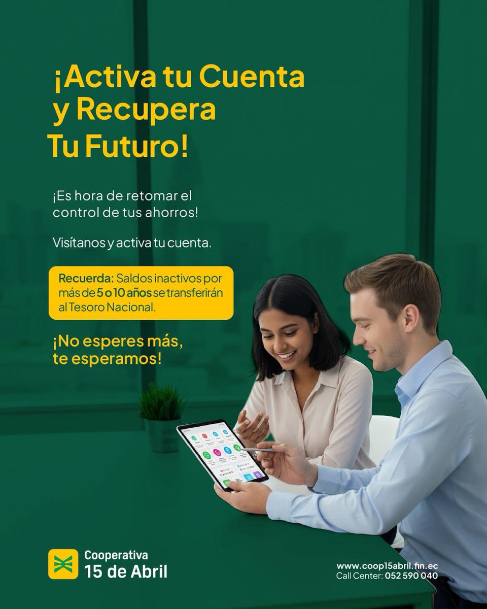 ¡Activa tu cuenta y recupera tu futuro con nosotros! ☑️

#ActivaTuCuenta #Cooperativa15DeAbril  #LaPrimeraDeManabí