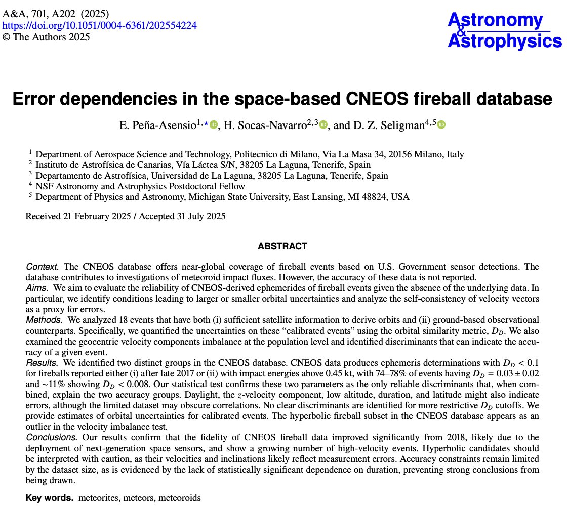 💥 U.S. spy satellites, built to detect nuclear tests, also spot superbolides. Their detections are shared via CNEOS, a goldmine for science thanks to global coverage. But: no uncertainty estimates are provided. Our new paper in <a href="/AandA_journal/">A&A journal</a> try to fix that.