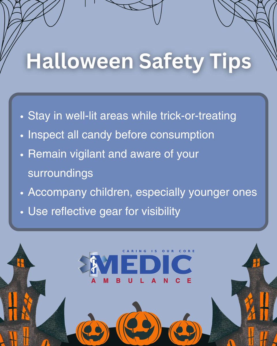 Trick-or-treat safely this Halloween! 

Our team wants everyone to enjoy the fun while keeping safety in mind. Here are a few quick tips to help make the night a safe one for all.

#MedicAmbulance #HalloweenSafety #EMS #CommunityCare #TrickOrTreatSafety