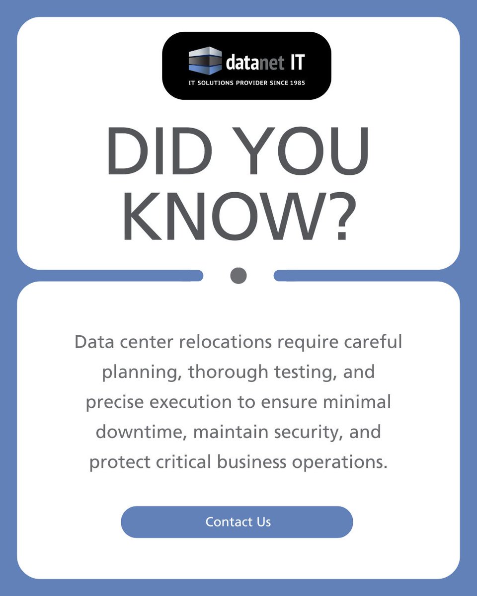 datanetIT's tweet image. Did You Know?
Data center relocations require careful planning and testing. Our Raleigh team ensures moves happen securely, without interrupting business operations.
#DataSecurity #ITsolutions
