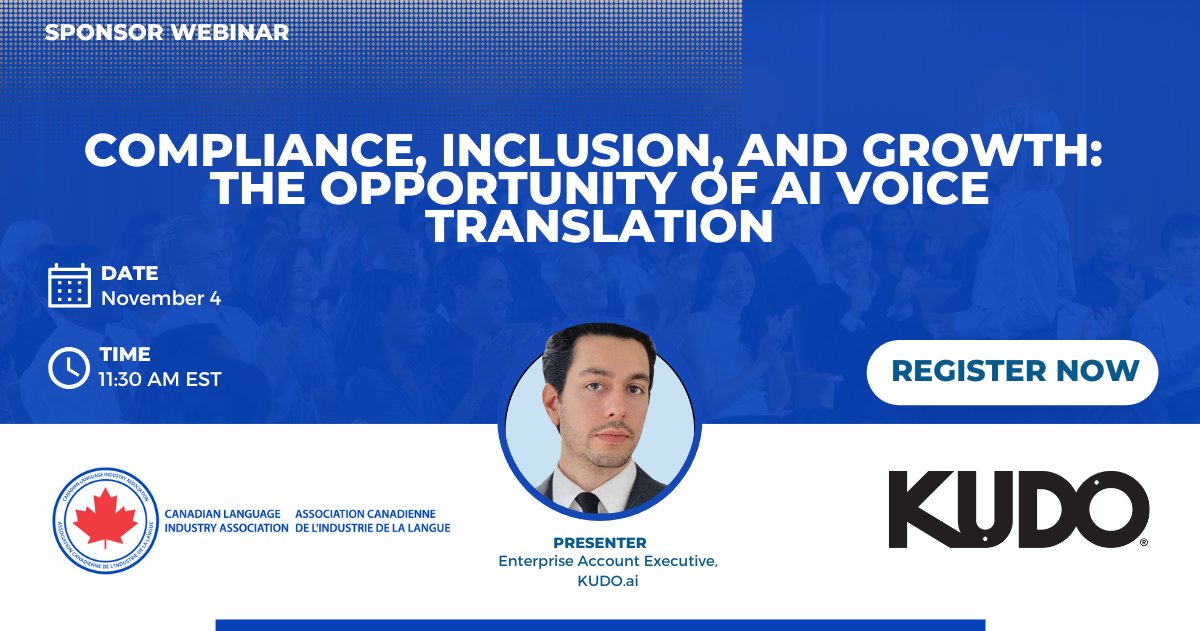 Join us for a free webinar from our sponsor, KUDO.ai, Nov. 4 at 11:30am. Learn how voice translation technology can be used by language companies as a complementary service rather than being a replacement for interpretation. Find out more: bit.ly/49cqmck