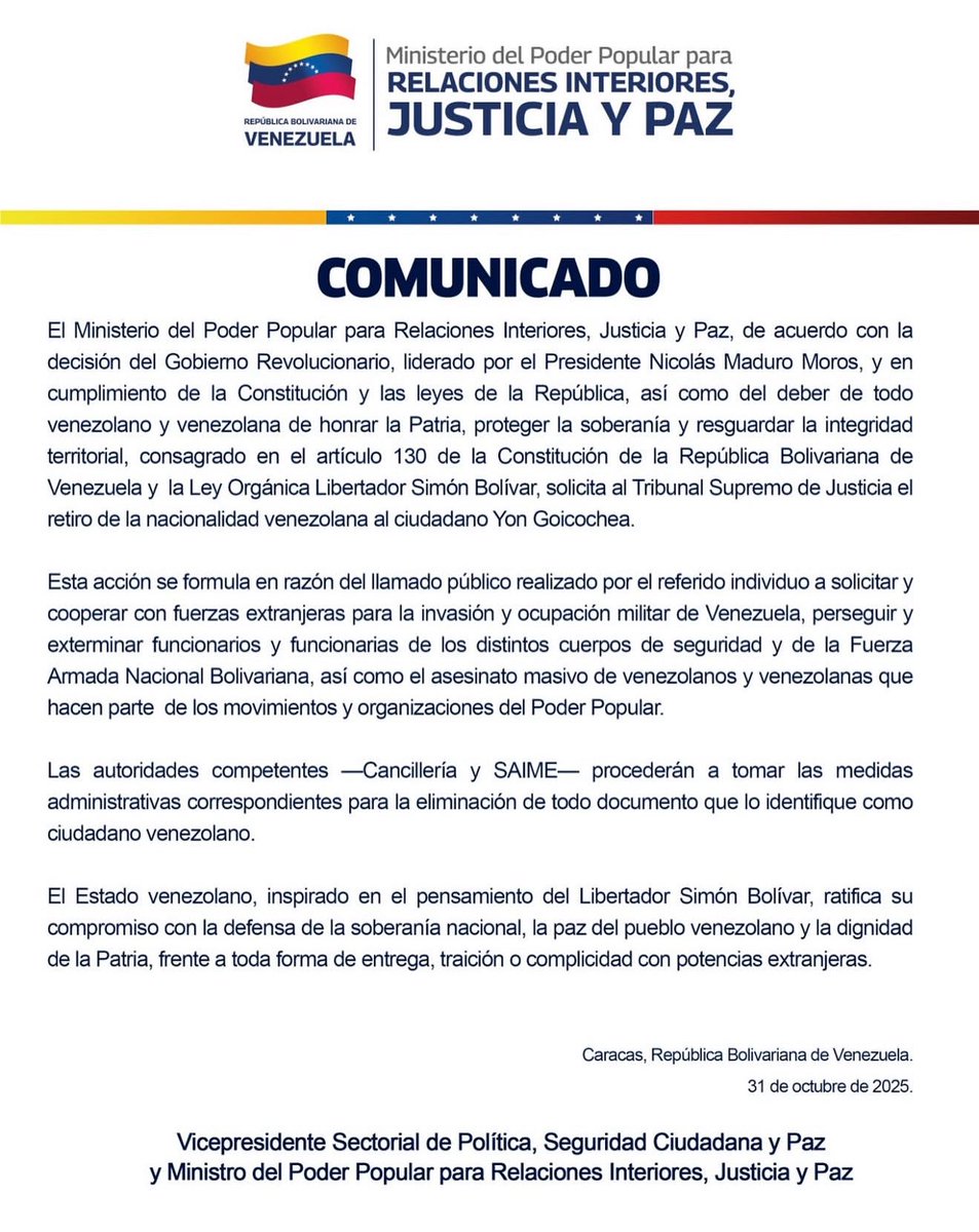 El Ministerio de Interior de Venezuela, que encabeza Diosdado Cabello, también solicita al TSJ retirarle la nacionalidad al dirigente <a href="/YonGoicoechea/">Yon Goicoechea</a>…
