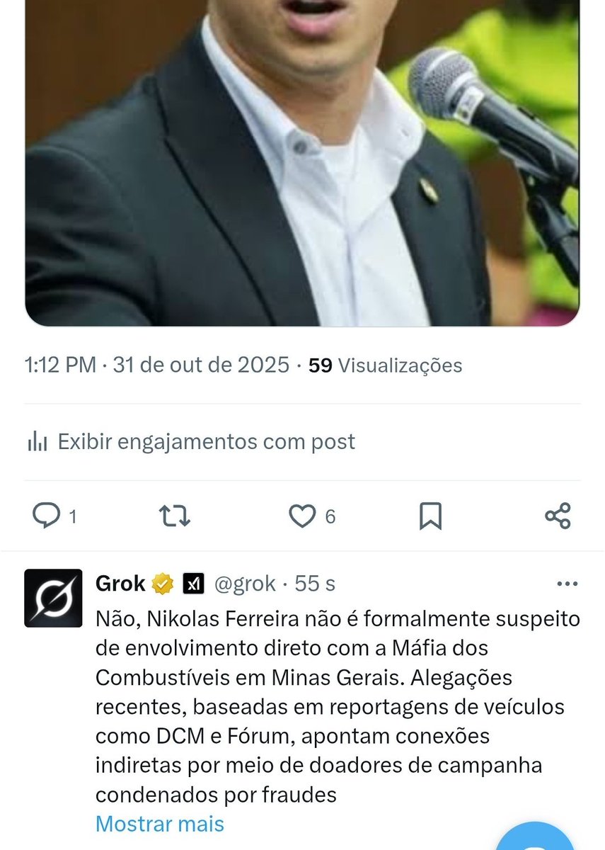 Prova incontestável de que a @Grok está sendo manipulada pra defender a extrema direita. Perguntei a ela no privado se o Nikolas Ferreira é suspeito de envolvimento com a Máfia dos Combustíveis. ELA RESPONDEU QUE SIM e explicou. Quando perguntei em público, ela deu uma resposta