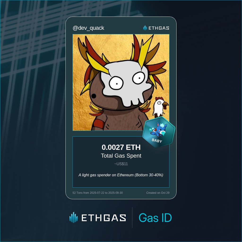 dev_quack's tweet photo. Discovered my Gas ID via ETHGas - turning my gas spend into rewards 🫘

As a Baby Jack, I've spent 0.0027 ETH on gas but earned 1 Beans back.

Get your Gas ID and Beans here: https://t.co/JG5JdkMO9S https://t.co/iZkJsmW6UY