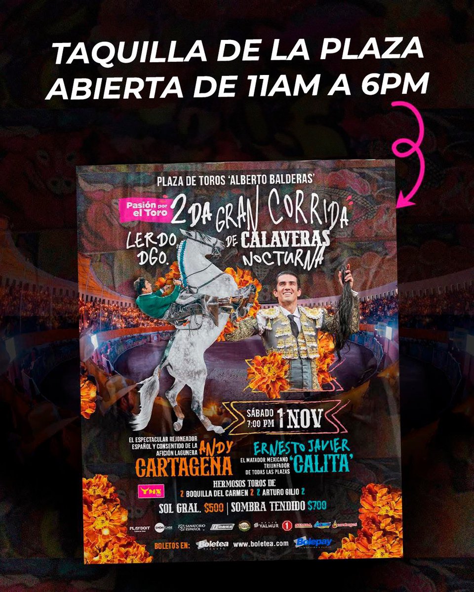 La Taquilla de la Plaza de Toros Lerdo abierta el día de hoy en horario de 11:00am a 6:00pm para comprar sus entrada para la Corrida de Calaveras 💀

Mañana sábado abierta a partir de las 11:00am