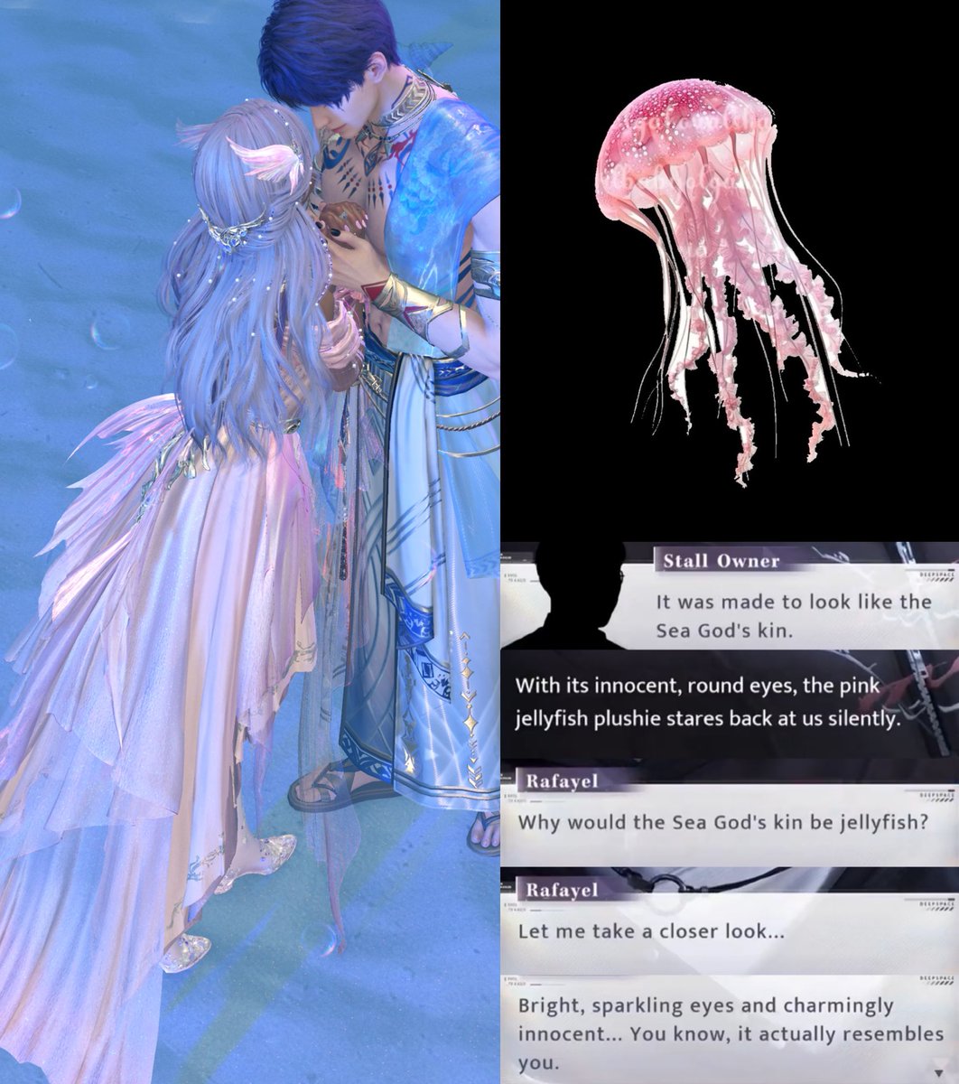 A pink jellyfish is rare in nature, they are delicate, translucent… yet it holds hidden sting. It’s like fragile beauty wrapped in hidden strength, pretty much like our MC. So it’s natural for Rafayel to think the jellyfishes resemble her. Being sea gods kin, his beloved bride.
