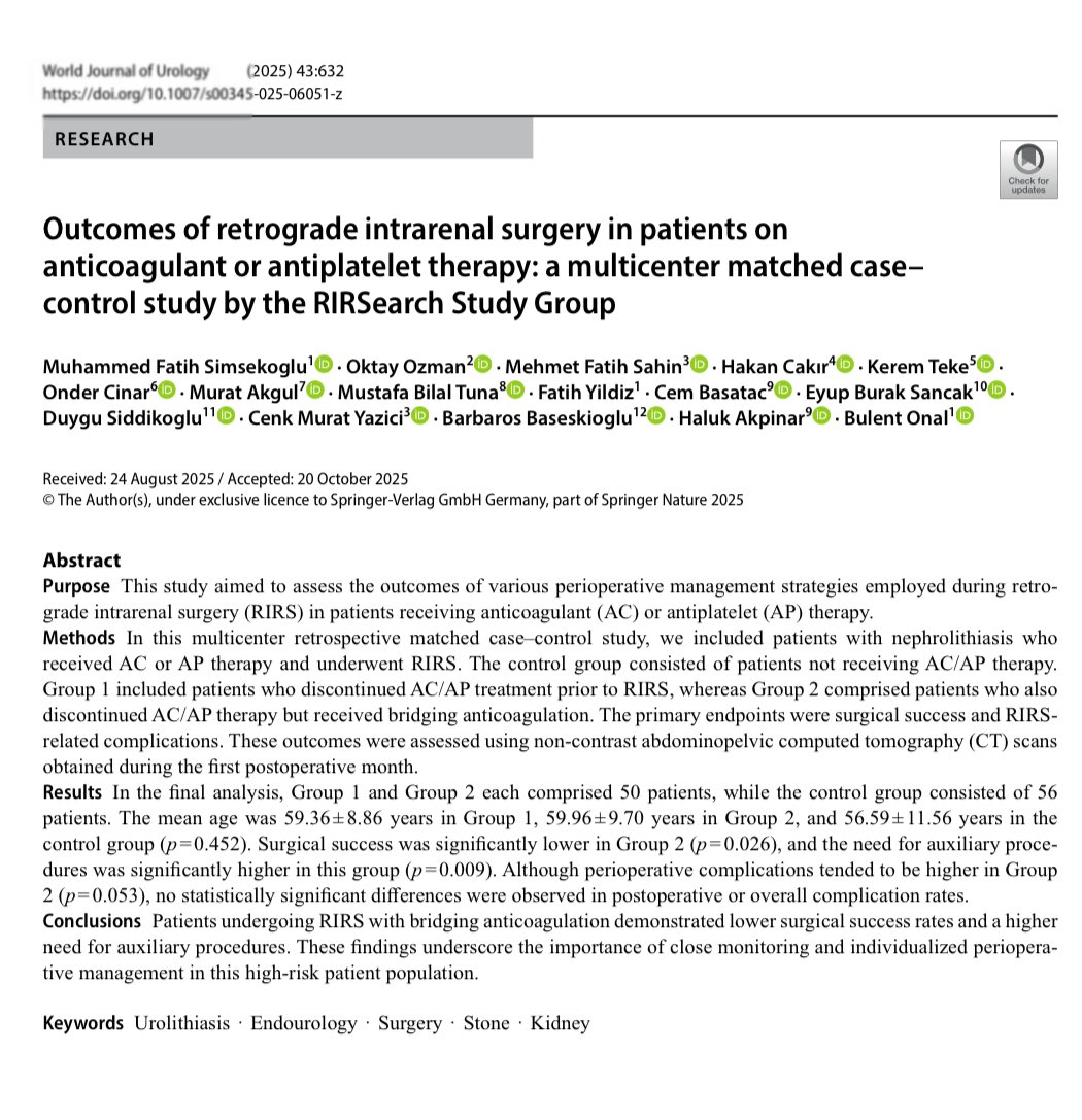 🚨NEW PAPER ALERT 🚨 

Outcomes of retrograde intrarenal surgery in patients on anticoagulant or antiplatelet therapy : a multicenter matched case–control study by the <a href="/RIRSearch/">RIRSearch</a> Study Group

Check out our most recent paper!

link.springer.com/article/10.100…