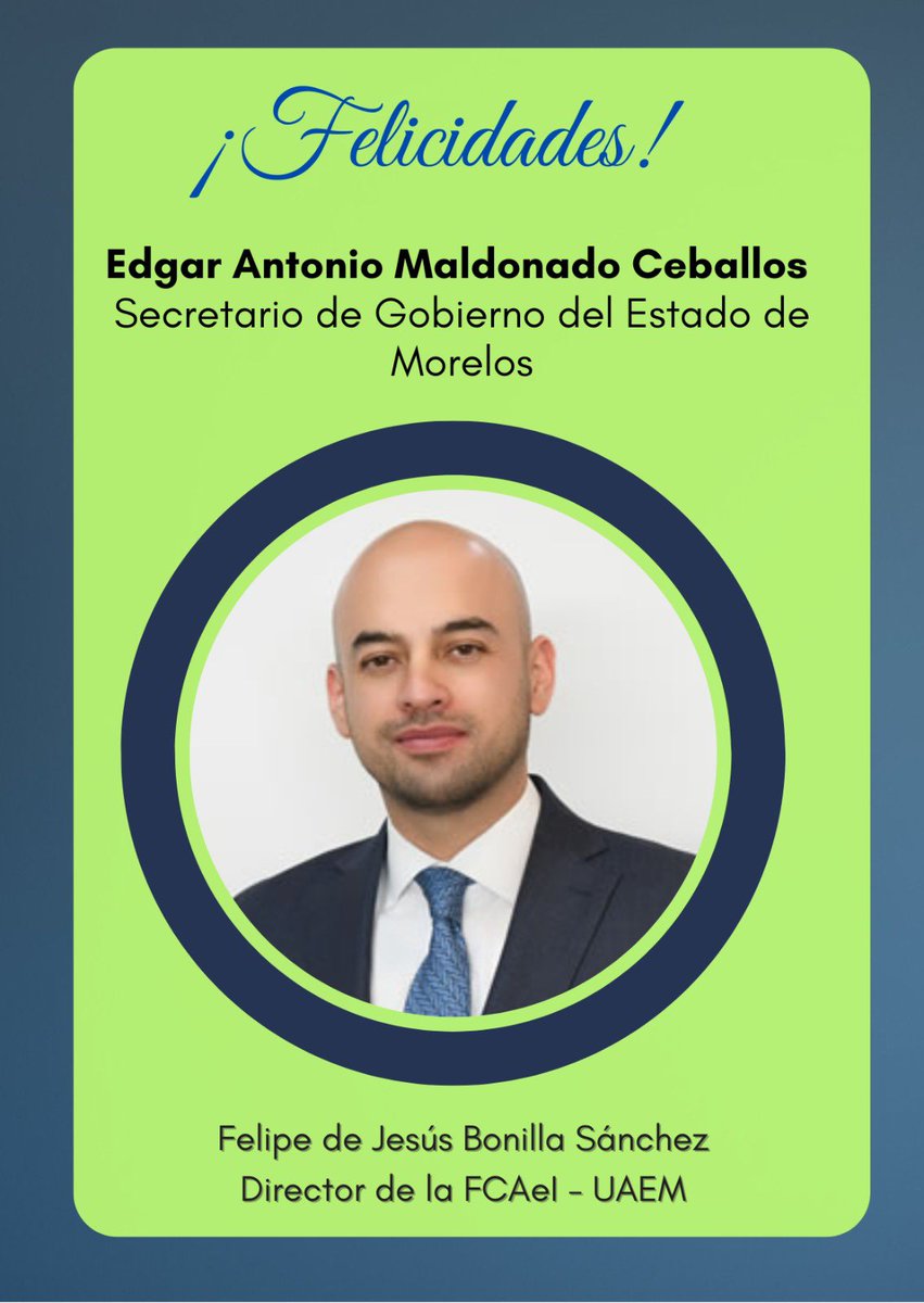 Felicito al Mtro. Edgar Antonio Maldonado Ceballos por su nombramiento como Secretario de Gobierno del Estado de Morelos.

Estoy seguro de que su experiencia y compromiso fortalecerán el diálogo, la gobernabilidad y el desarrollo de nuestro estado.

¡Enhorabuena!