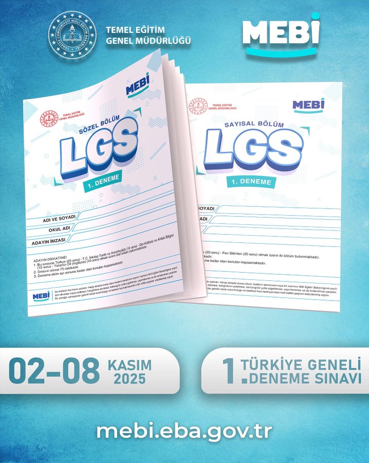 Two blue-covered LGS exam booklets displayed side by side, one labeled Sayısal Bölüm with sections for questions 1-40 and answers, the other labeled Sözel Bölüm with sections for questions 1-40 and answers, both featuring MEBI logo and official seals at the top, accompanied by text announcing Turkiye Geneli 1. Deneme Sınavı from 02-08 Kasım 2025 and website mebi.eba.gov.tr at the bottom.