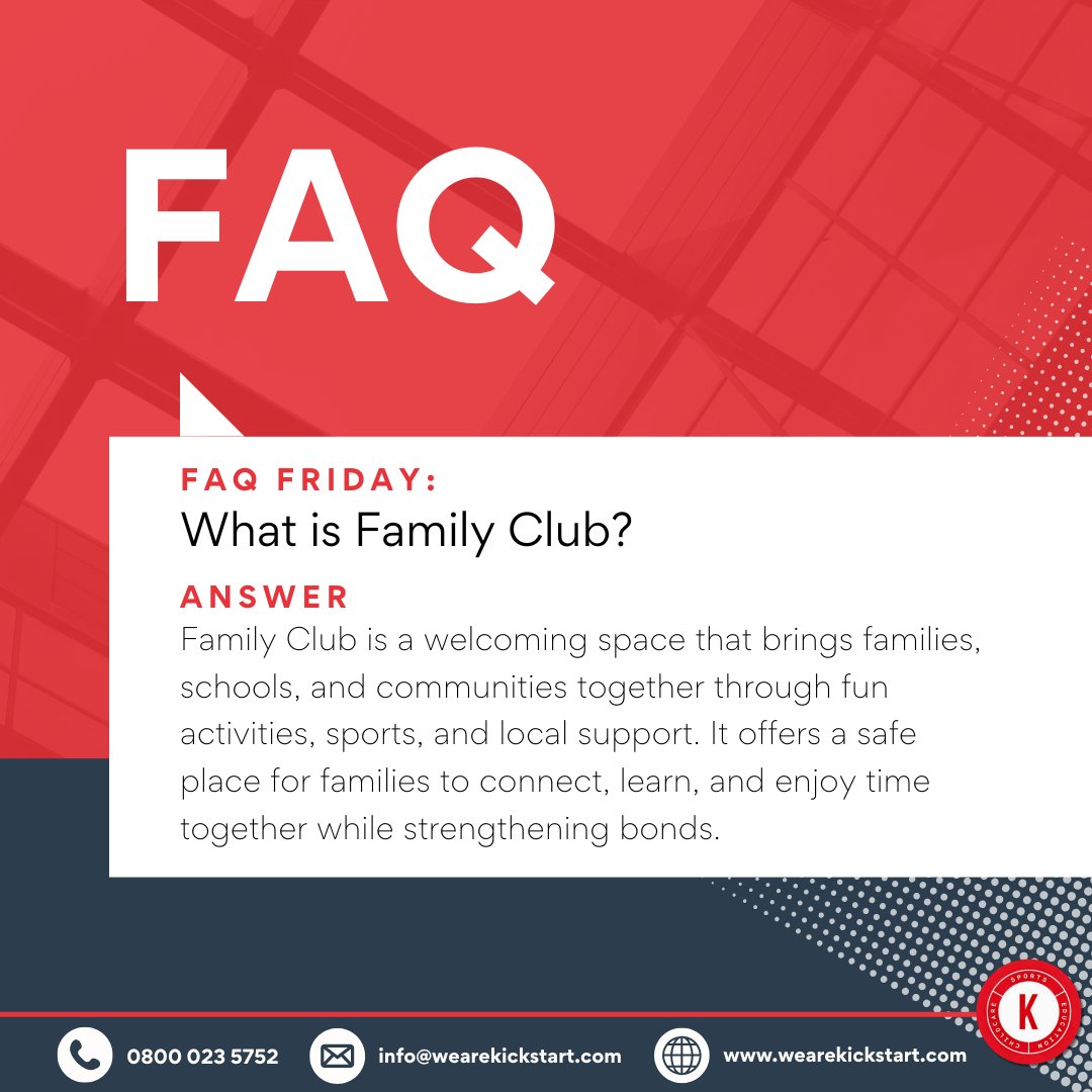 wearekickstart's tweet image. ✨ FAQ Friday! ✨
Family Club is a safe, welcoming space for families, schools &amp;amp; communities to connect through fun activities, sports &amp;amp; support. 💪
👉 Learn more at kickstart-community.org

#FamilyClub #FAQFriday #TogetherWeGrow #Kickstart
