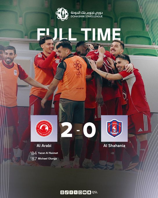 Group of male soccer players in orange jerseys and shorts celebrating a victory by hugging and raising arms on a green soccer field with stadium seating in the background, Arabic text at top reading full time and league name, English full time below, score display showing Al Arabi 2-0 Al Shania with team logos of a red bird for Al Arabi and blue shield for Al Shania, goal scorers listed as Michael Omege 67 74, QSL logo at bottom.