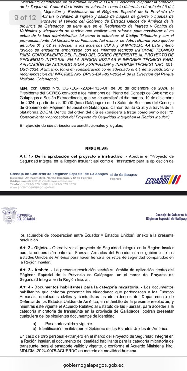 ecuarauz's tweet photo. Qué “cute” Noboa. 

En una semana, pasó de: 

Base militar de EEUU en Galápagos 🪖💪🏾
a:
Base “no militar” en Galápagos para pesca ilegal, narcotráfico y tráfico de combustible 🐟🎣
a:
Ya no base militar ni “no militar” en Galápagos🐢✅
a:
Base de Homeland Security (cárcel de migrantes🛃🥷🏽) de EEUU en Salinas o Manta 
a:
Base brasileña (dijo brasilera) en Sucumbíos u Orellana para cuidar la Amazonía 😻🌳

¡¡¡En una semana!!!

NO te creemos, Noboa. Nosotros sí nos informamos, sí leemos, sí estudiamos. 

Porque es el estudio de los militares de EEUU que indican que la base militar será en Galápagos. Y tu gobierno ya aprobó por escrito las condiciones para el ingreso de militares a ocupar las Islas Galápagos.

Resolución 23-CGREG-10-12-2024:
