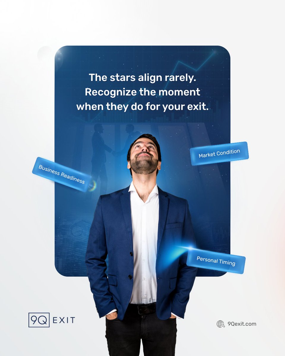 9Qexit's tweet image. Great exits happen when three things align: business readiness + market conditions + personal timing. ⏰

The stars align rarely. Recognize the moment when they do. ✨

#timing #exitstrategy #opportunity #business #entrepreneur #startup