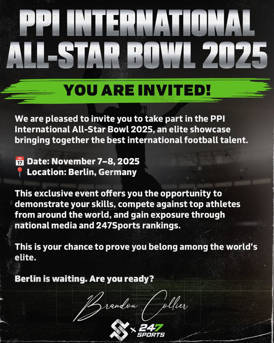 Blessed to have been invited to the PPI INTERNATIONAL ALL-STAR BOWL in Berlin. Let’s get to work! <a href="/BCollierPPI/">Brandon Collier</a> <a href="/PPIRecruits/">PPIRECRUITS</a>