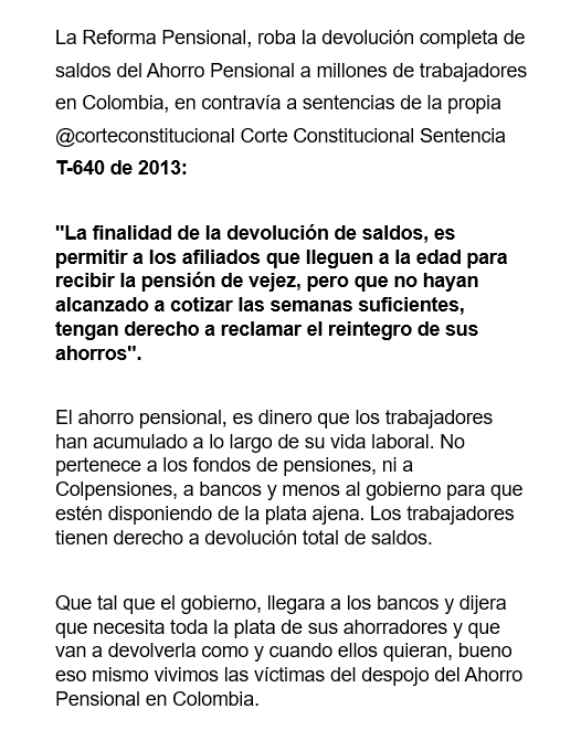 ASAKERW's tweet photo. @CConstitucional Honorables Magistrados de @CConstitucional ustedes tienen como frenar el robo del ahorro pensional, haciendo justicia y ratificando su propia Sentencia T-640 de 2013. Son los Guardianes de la Constitución. ⏬https://t.co/vNRq5DosNF https://t.co/fingMzTh7c