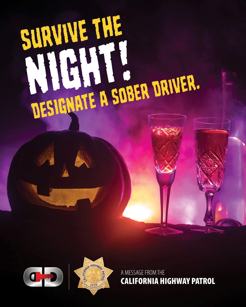 🎃 Happy Halloween from the CHP! 👻 If your Halloween plans include celebrating, make sure they include a safe way home. Never drive DUI. Designate a sober driver, use rideshare, take a taxi. Let’s keep the night fun and our roads safe, don’t let a DUI haunt you this Halloween.