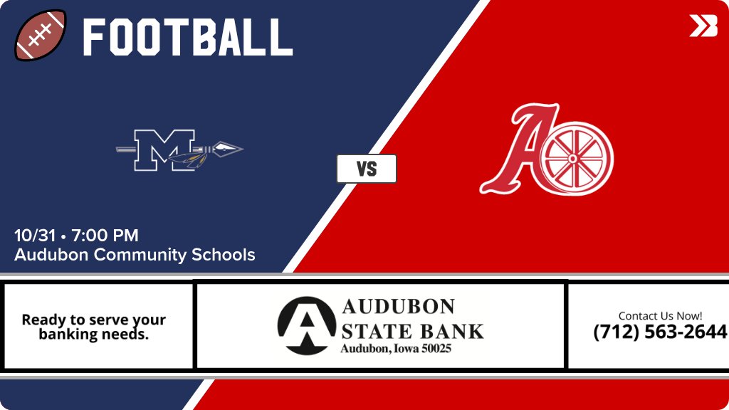 Football (Varsity) Game Day! - Check out the event preview for the The Audubon Wheelers vs The Montezuma Braves. It starts at 7:00 PM and is at Audubon Community School District High School. gobound.com/ia/ihsaa/footb…