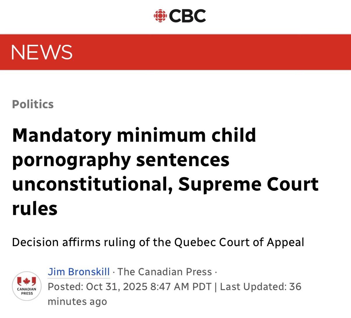 Supreme Court announced today 1 year mandatory sentences for child pornography are “unconstitutional”. 

Conservatives will use every available tool — including the notwithstanding clause — to protect British Columbians from woke judicial decisions.

cbc.ca/news/politics/…