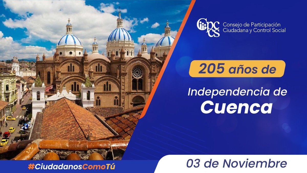 Hoy celebramos los 205 años de Independencia de Cuenca, hermosa ciudad, cuna de arte y cultura que llena de orgullo al Ecuador.
#CiudadanosComoTú
#3deNoviembre