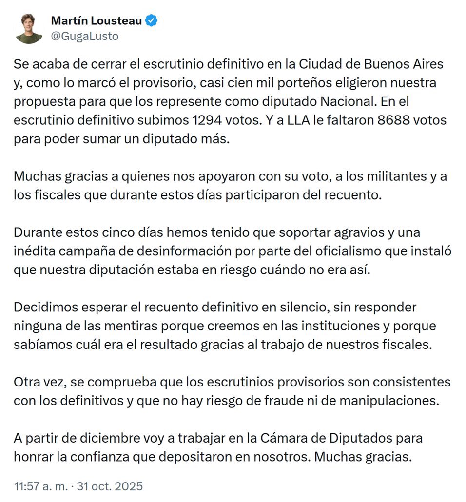 "Martín Lousteau":
Porque se confirmó que será diputado tras el escrutinio definitivo