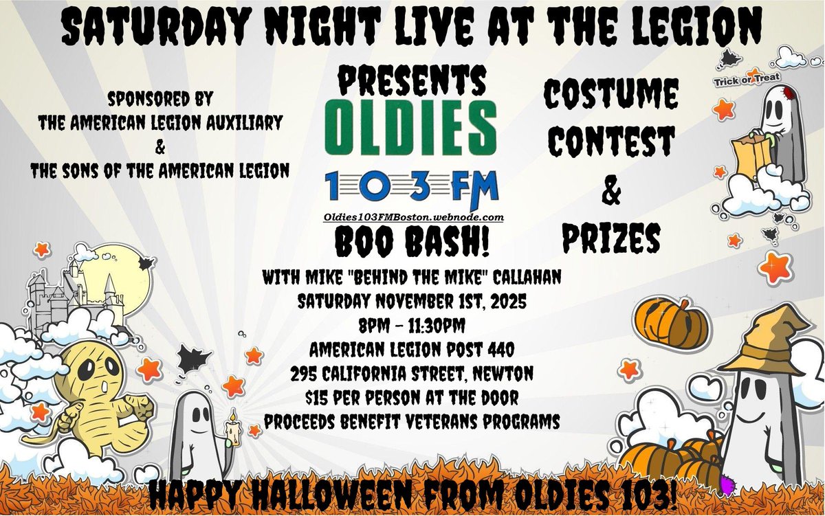 MBTMCallahan's tweet photo. Happy Halloween Everyone! Join me tomorrow night, 11/1 from 8pm-11:30pm at the American Legion Post 440, 295 California Street in Newton for the Oldies 103 Boo Bash! $15 at the door &amp; proceeds benefit veterans programs Costume contest, a “Transylvania Twist” contest &amp; some prizes https://t.co/ZY8UL4FN49