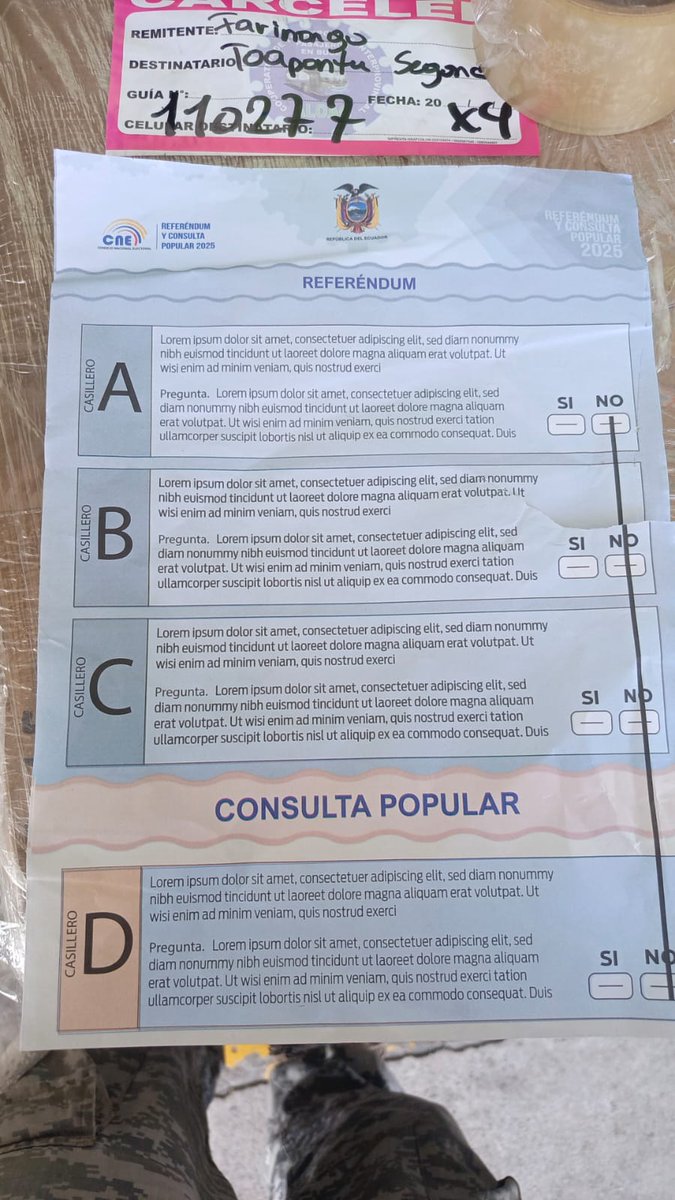 CarlosVerareal's tweet photo. Personal del CVA (Control de Vigilancia Aduanera), encontró mercancías en el #TerminalDeCarcelén, empresa de #encomiendas #Aloag: 4 paquetes conteniendo material #electoral para #consulta 2025. La #guía tiene ruta Santo Domingo-Quito, número 110277; remitente, Bedón Castillo Selena. Destinatario, Segundo Farinango.