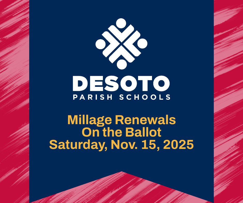 Voters in DeSoto Parish will head to the polls on Saturday, Nov. 15 to consider renewing the current millages that fund district operations, including teacher salaries, operating expenses, and the day-to-day life of our schools. 

Learn more at: desotopsb.com/page/millage-r…