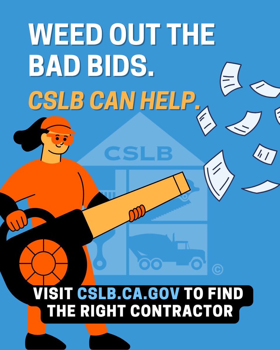 CSLB's tweet image. Don’t let a bad bid ruin your project. 🌿 Weed out unlicensed contractors and hire with confidence. Visit cslb.ca.gov to find the right pro for the job. 🛠️ #CSLB #HireSmart #CheckTheLicense #BuildLegit