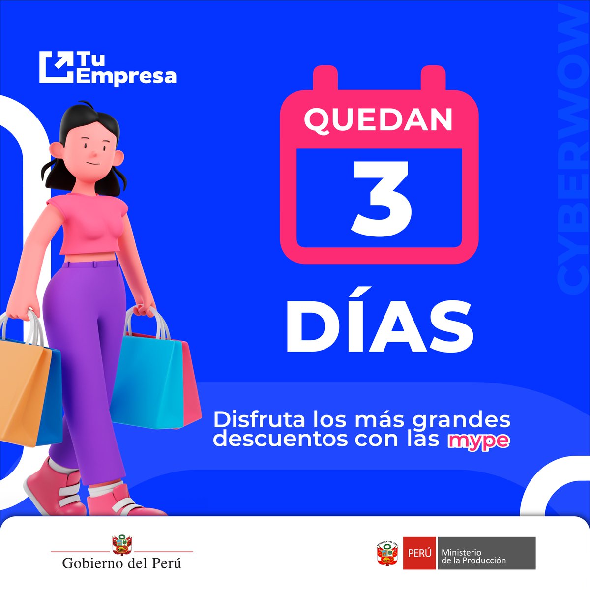 tuempresagobpe's tweet image. ¡Faltan 3 días para el #CyberWow🛍️🤩! Aprovecha ofertas increíbles en moda, belleza, deporte, decoración, alimentos y mucho más, gracias a la participación de las #MYPE de todo el país.

#DeLaManoConLasMype