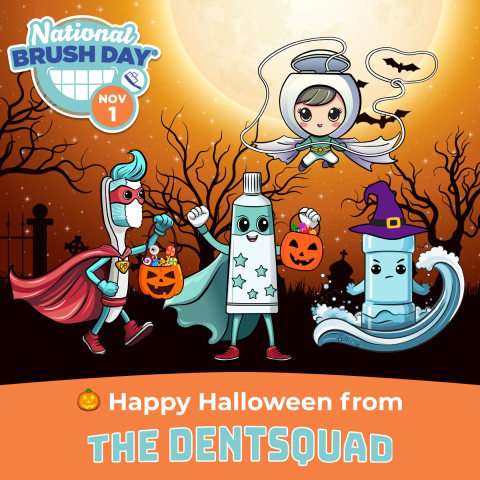 Happy Halloween from the #NBDDentSquad 🎃 Have a fun, safe night, and don't forget to brush away those sugar monsters for #2Min2x 🦷 Tomorrow is #NationalBrushDay so join the fun, grab free activity sheets, and enter to win a prize before it's too late!🏆 bit.ly/3F6tdV8