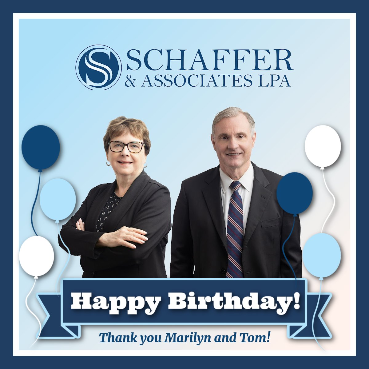 schafferlawyers's tweet photo. Join us in wishing our top notch attorneys, Marilyn Levine and Tom Schaffer, a happy early birthday!

Our firm would not be what it is today without the skill and experience they bring. We hope they both enjoy their special days in November!

#attorneylife #lawyerlife #toledo419 https://t.co/wJK0CjGY6l