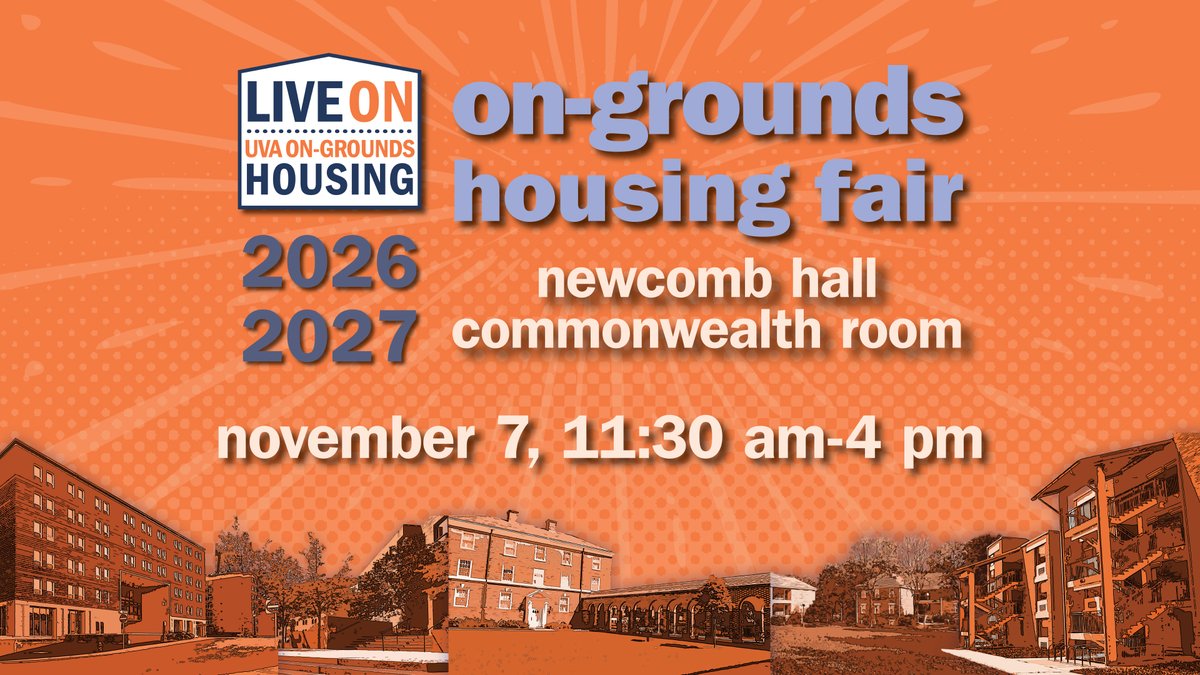 Our On-Grounds Housing Fair is this Friday, November 7! Students and families are invited to stop by the Newcomb Hall Commonwealth Room between 11:30 and 4 for info and swag, to ask housing questions, and to learn about your housing options for 2026-2027! at.virginia.edu/On-GroundsHous…