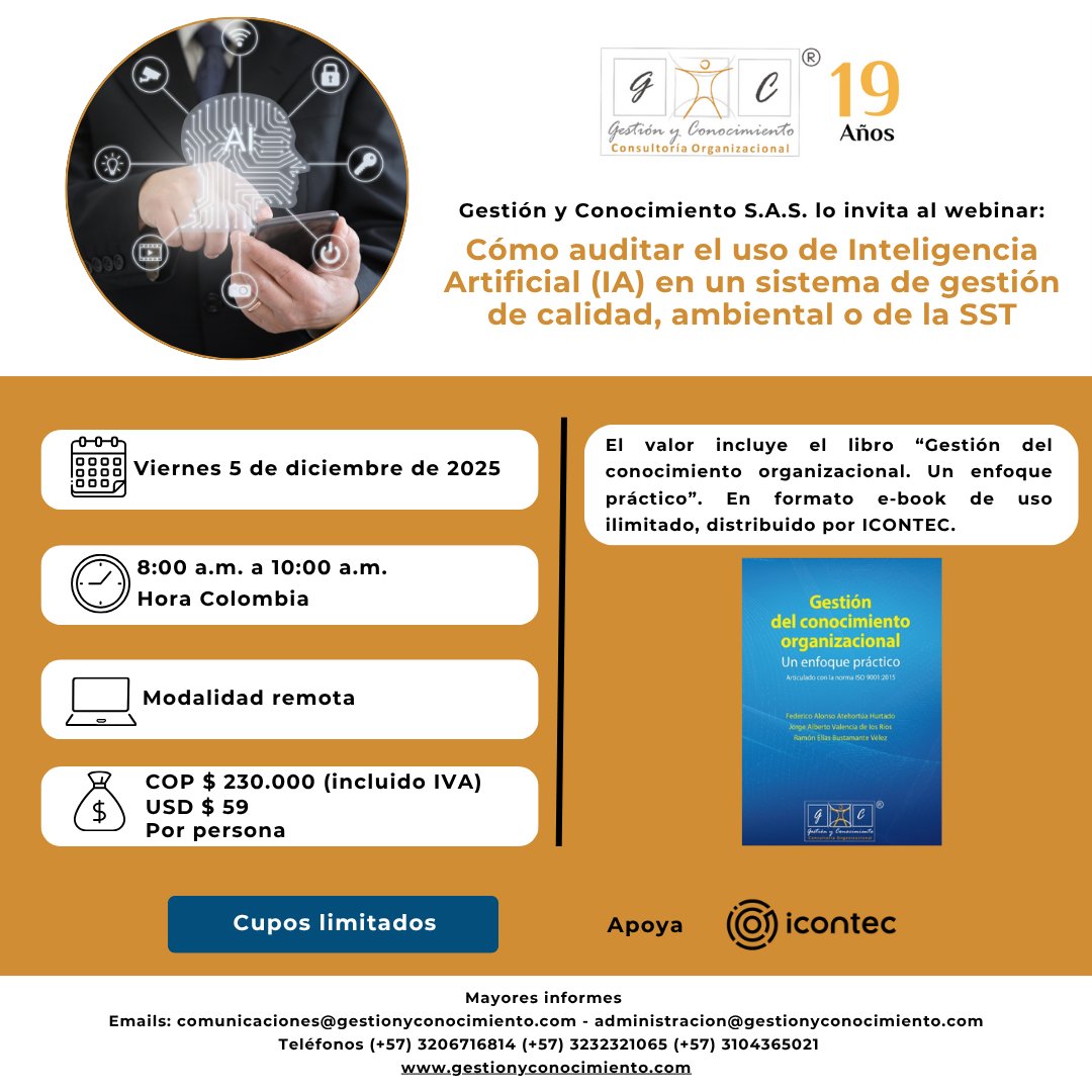 GestionyC's tweet photo. Gestión y Conocimiento S.A.S. invita al webinar: “Cómo auditar el uso de Inteligencia Artificial (IA) en un sistema de gestión de calidad, ambiental o de la SST"
🗓️Viernes 5 de diciembre 2025
🕗8:00 am a 10:00 am 
Inscríbase aqui https://t.co/ddB4cA4FEK https://t.co/AOvETlyysR