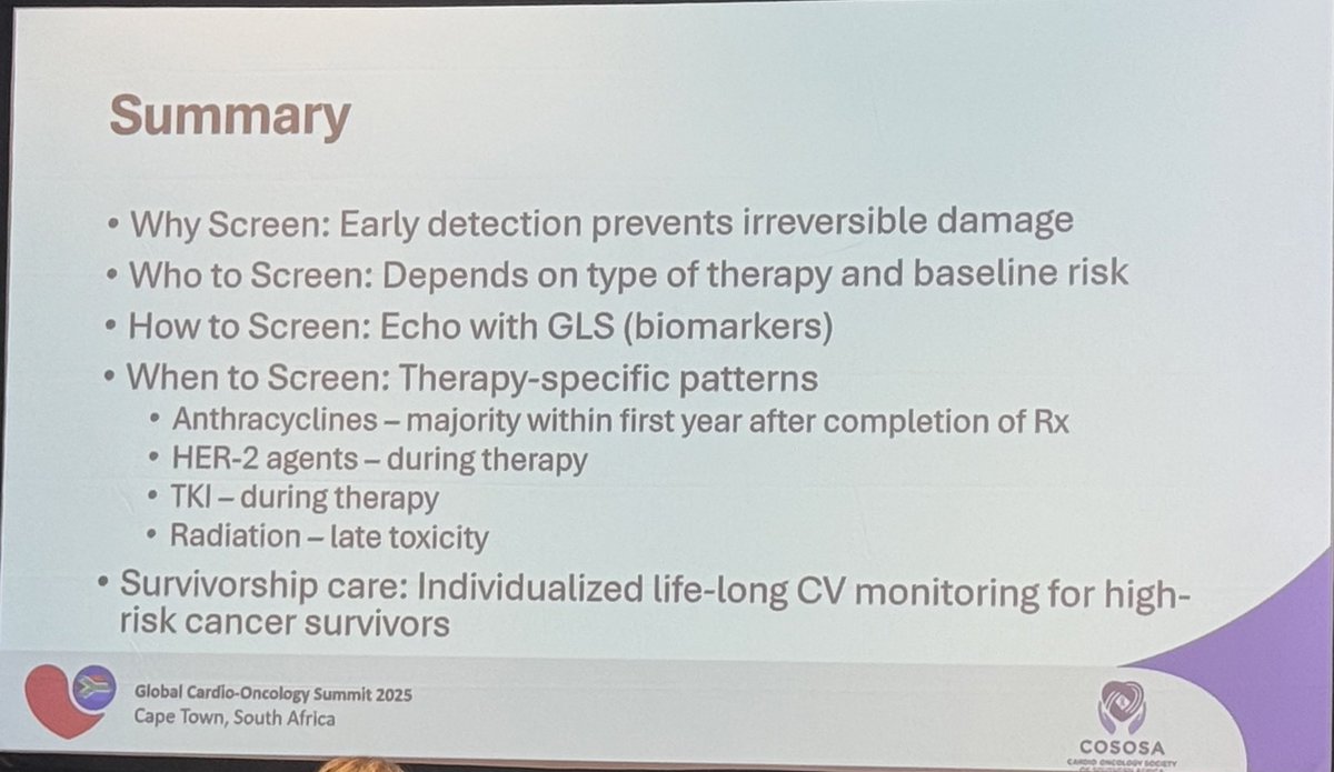 Who needs Surveillance, When and How? Dr Anju Nohria #GCOS25
🔸Early detection of cardiotoxicity prevents irreversible damage
🔸Screening: guided by type of therapy and baseline risk
🔸Individualised life long CV monitoring for high-risk cancer survivors.
#CardioOnc
<a href="/ICOSociety/">International Cardio-Oncology Society</a>