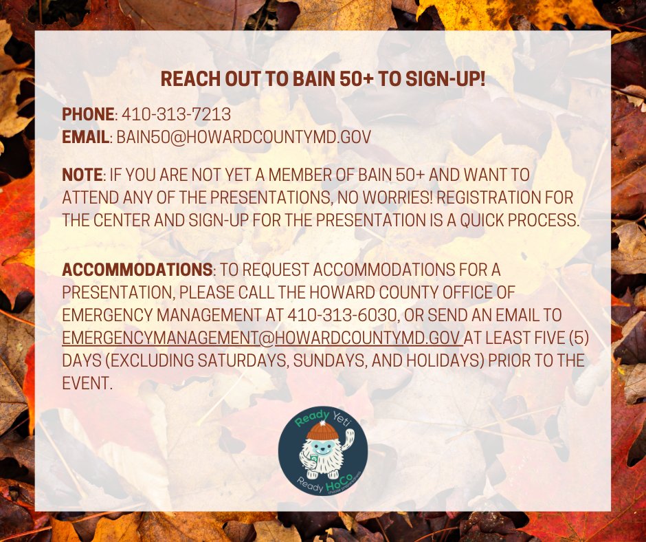 Reminder! Tomorrow is the Preparedness Presentation at the Bain 50+ Center. Join us from 11-12pm to learn how to prepare for the unexpected. To register, call (410) 313-7213 or email BAIN50@howardcountymd.gov. #ReadyHoCo