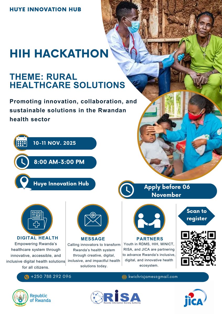 🚀 Join the HIH Hackathon 2025!
📅 10–11 November 2025 | 📍Huye Innovation Hub
🎯 Theme: Rural Healthcare Solutions
#HIHHackathon2025 #HuyeInnovationHub #HealthTech

<a href="/JicainRwanda/">JICA Rwanda</a> <a href="/RISARwanda/">Rwanda Information Society Authority</a> <a href="/UR_Huye/">UR_Huye campus</a> <a href="/Huye_College/">RP-Huye College</a> <a href="/HuyeDistrict/">Huye District</a> <a href="/RDMS_rw/">Dento-Medical Society Rwanda (RDMS)</a>