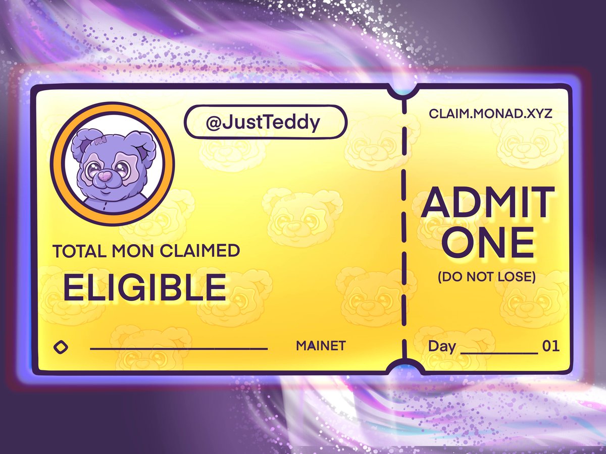 GMonad.

If you’re a stakeholder at @Monad, you’re eligible to mint Just Teddy on Day 1 of Monad.

Comment your Golden Ticket below to claim your whitelist spot. 💜