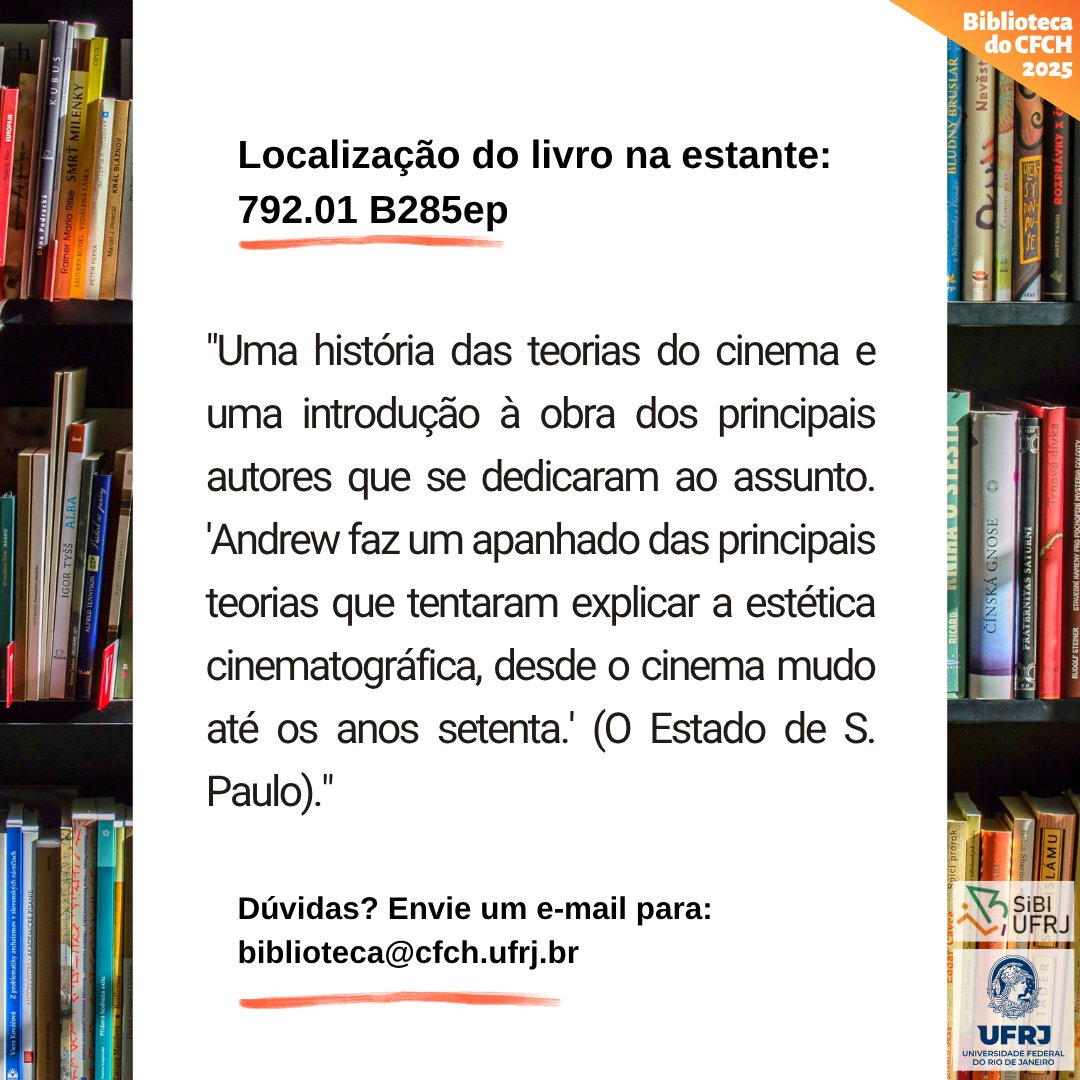 BibECOCFCH's tweet image. Dica do Acervo da Biblioteca do CFCH:

ANDREW, James Dudley. As principais teorias do cinema: uma introdução. Rio de Janeiro: Zahar, 2002.

Localização do livro na estante: 792.01 B285ep

Dúvidas? Envie um e-mail: biblioteca@cfch.ufrj.br

#bibliotecadocfchufrj #bibcfchufrjlivros