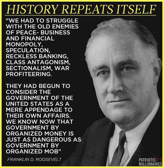 Black and white portrait of Franklin D. Roosevelt in a suit and tie, facing forward with a serious expression, overlaid on a yellow background with bold black text quoting his 1936 speech about struggling with old enemies like business monopoly, reckless antagonism, sectionalism, war profiteering, and viewing the United States as an appendage to their own affairs, warning that organized money is as dangerous as organized mob, framed by red borders and Patriotic Millionaires logo.