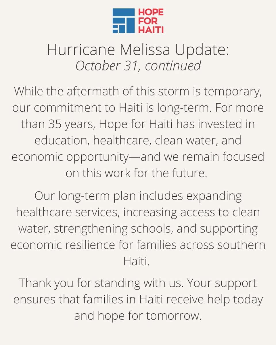 An update from Hope for Haiti CEO, <a href="/Skylerbadenoch/">Skyler Badenoch</a>, on our long-term commitment in #Haiti

#HurricaneMelissa